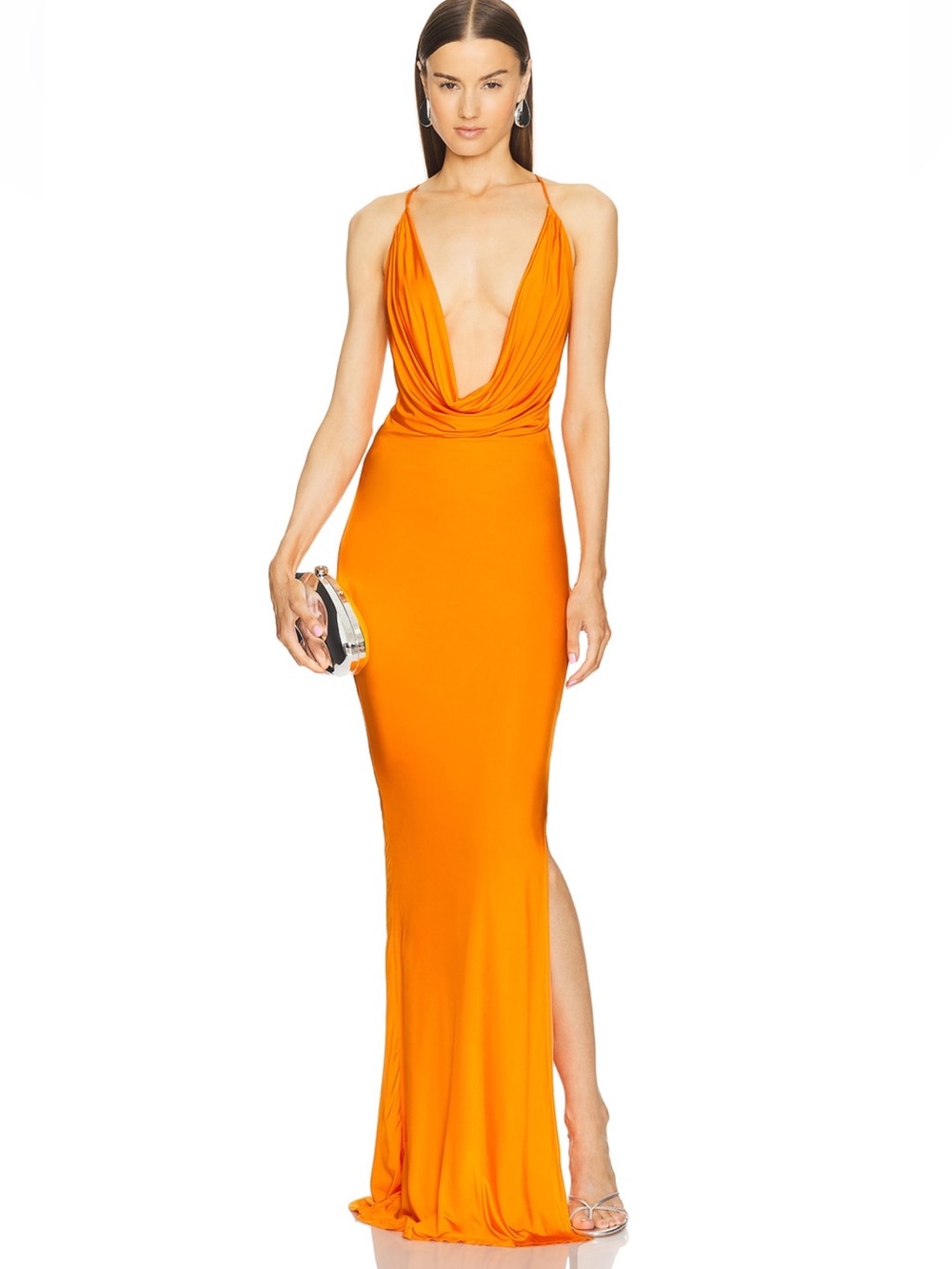 NWT Michael Costello Raquel Orange Draped Plunge Gown Revolve Maxi Long Dress